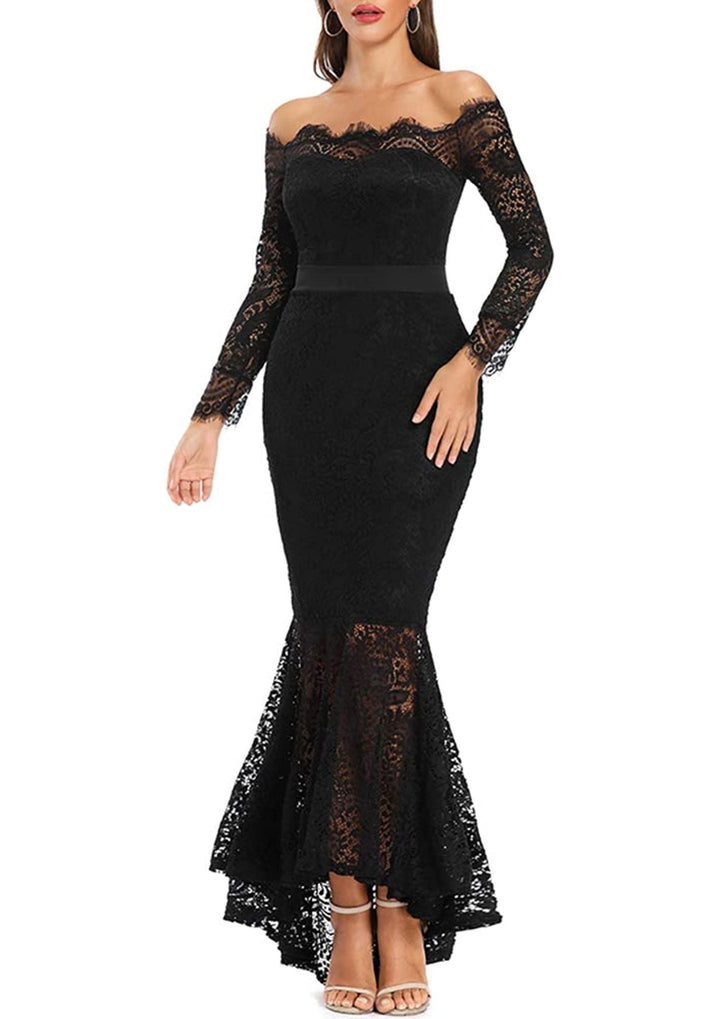 Robe de Mariée Sirène à Manches Longues et Épaules Dénudées en Dentelle Florale pour Femme