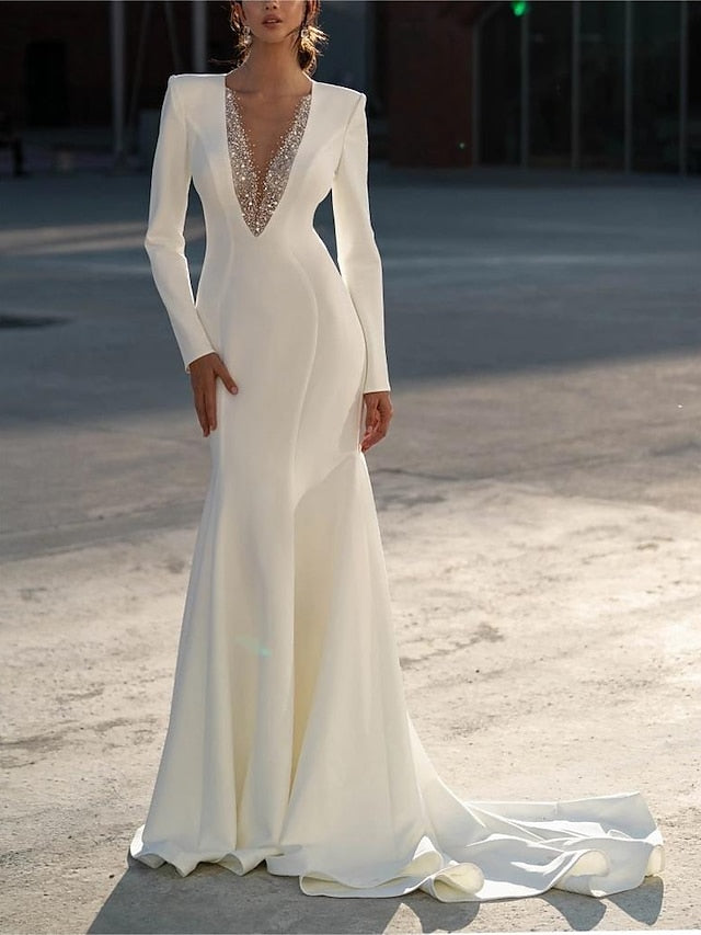 Robe de Mariée Sirène/Trompette à Col en V et Manches Longues avec Perles