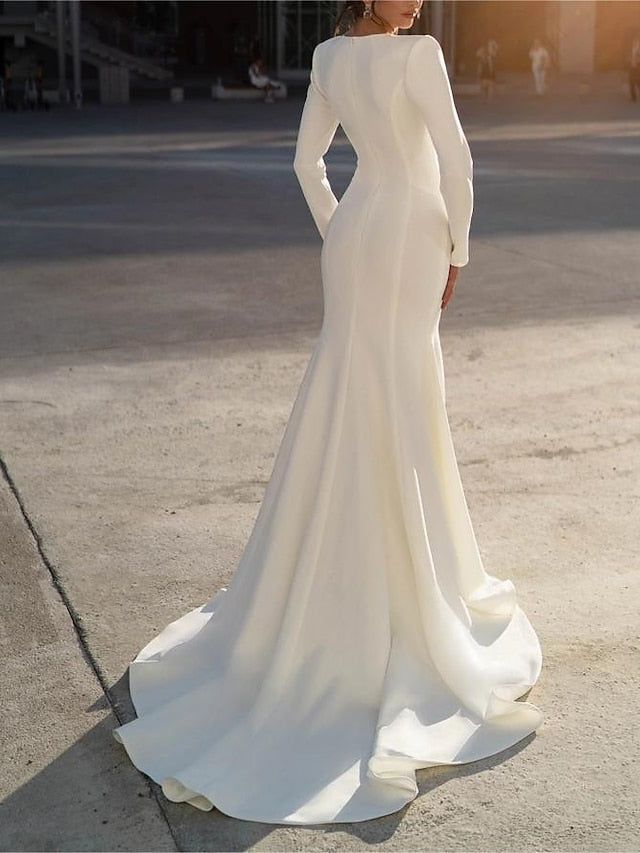 Robe de Mariée Sirène/Trompette à Col en V et Manches Longues avec Perles