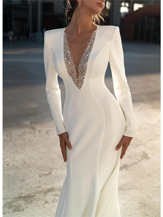 Robe de Mariée Sirène/Trompette à Col en V et Manches Longues avec Perles