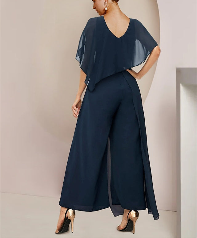 Tailleur-pantalon pour mère de la mariée sans manches en mousseline de soie avec ceinture