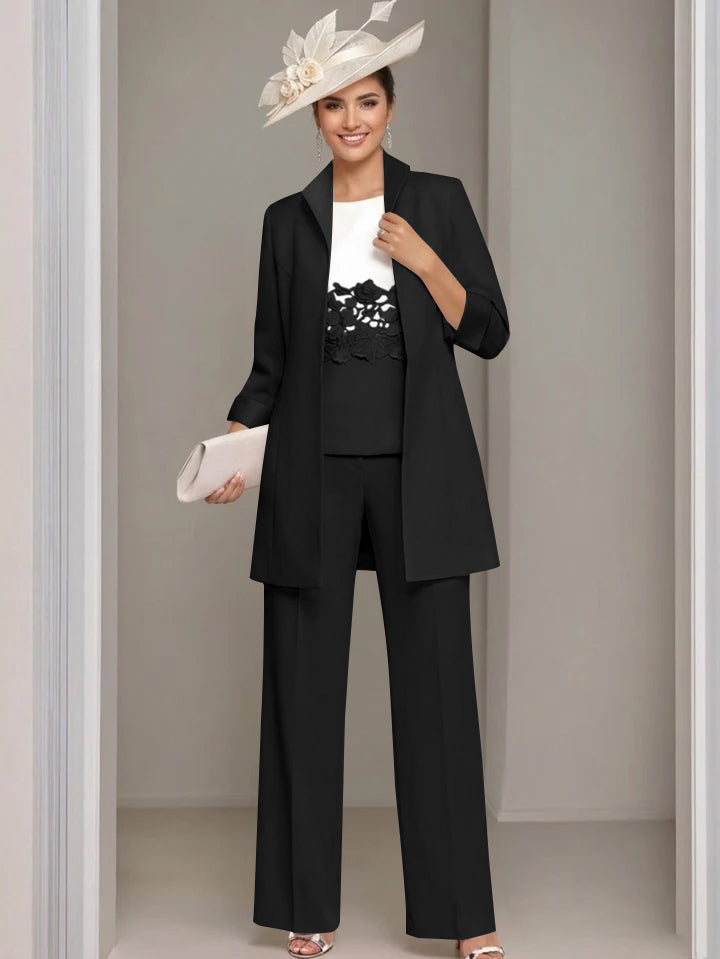 Ensemble 3 pièces pour mère de la mariée, pantalon longueur cheville, col carré, veste et dentelle appliquée