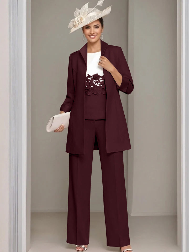 Ensemble 3 pièces pour mère de la mariée, pantalon longueur cheville, col carré, veste et dentelle appliquée