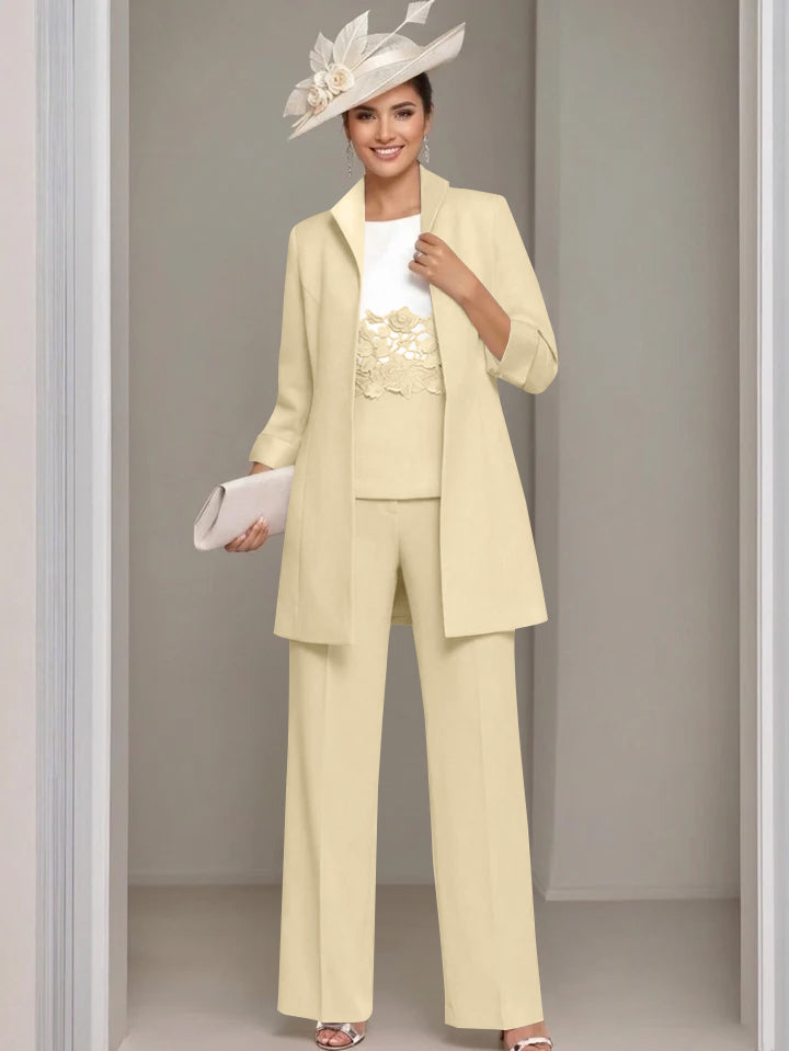 Ensemble 3 pièces pour mère de la mariée, pantalon longueur cheville, col carré, veste et dentelle appliquée