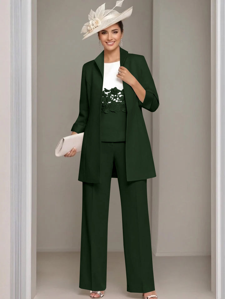Ensemble 3 pièces pour mère de la mariée, pantalon longueur cheville, col carré, veste et dentelle appliquée