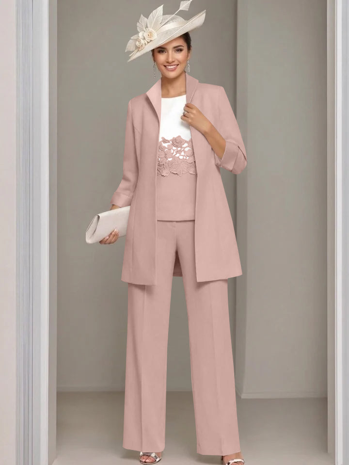 Ensemble 3 pièces pour mère de la mariée, pantalon longueur cheville, col carré, veste et dentelle appliquée