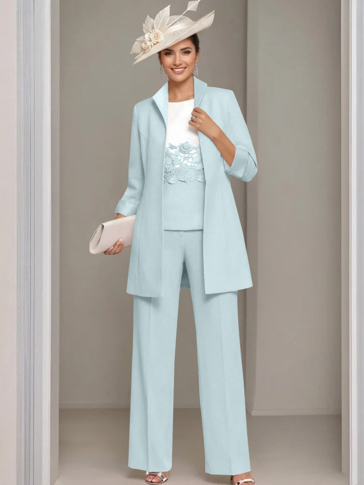 Ensemble 3 pièces pour mère de la mariée, pantalon longueur cheville, col carré, veste et dentelle appliquée