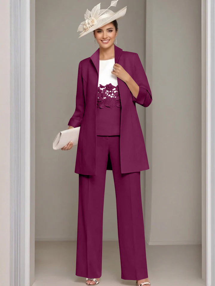 Ensemble 3 pièces pour mère de la mariée, pantalon longueur cheville, col carré, veste et dentelle appliquée
