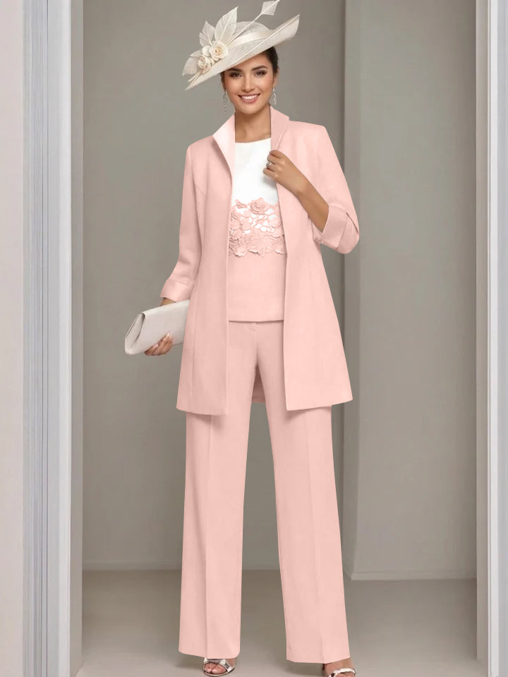 Ensemble 3 pièces pour mère de la mariée, pantalon longueur cheville, col carré, veste et dentelle appliquée