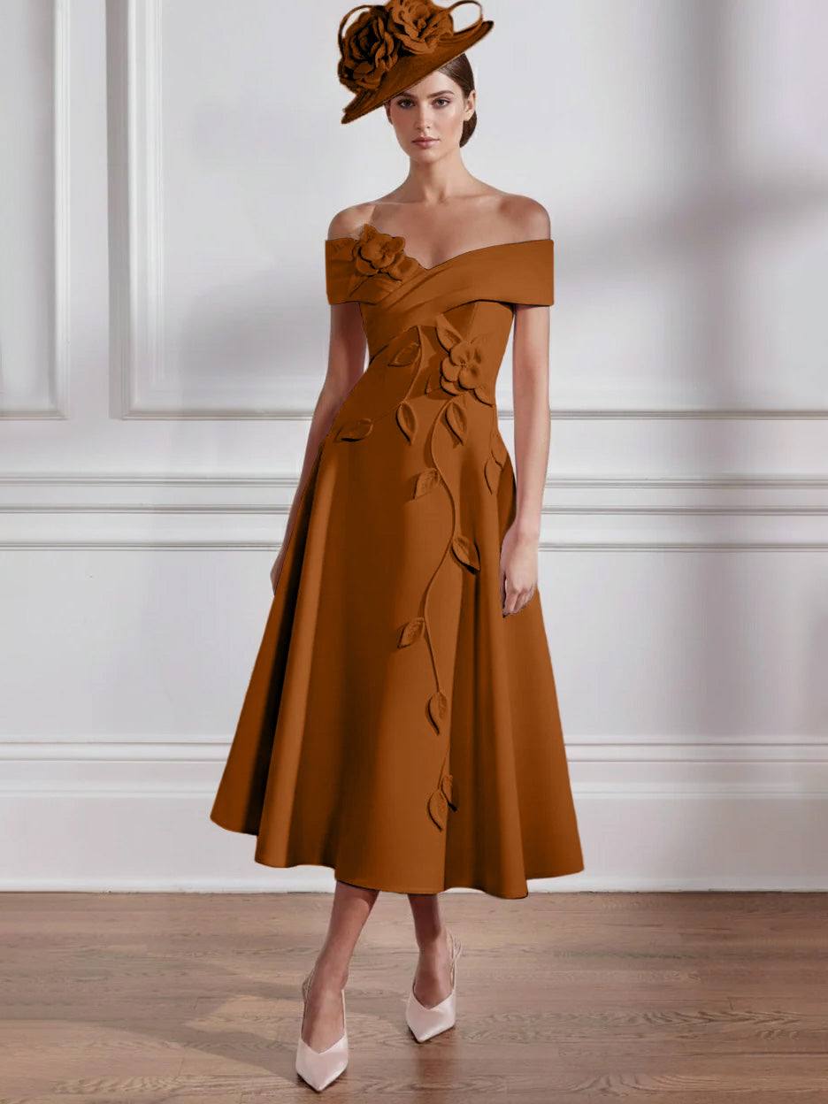 Robe Mère de la Mariée, Ligne A, Hors de l'épaule, Longueur Midi à Fleurs 3D, Sans Manches