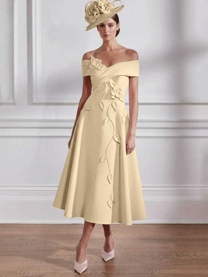Robe Mère de la Mariée, Ligne A, Hors de l'épaule, Longueur Midi à Fleurs 3D, Sans Manches