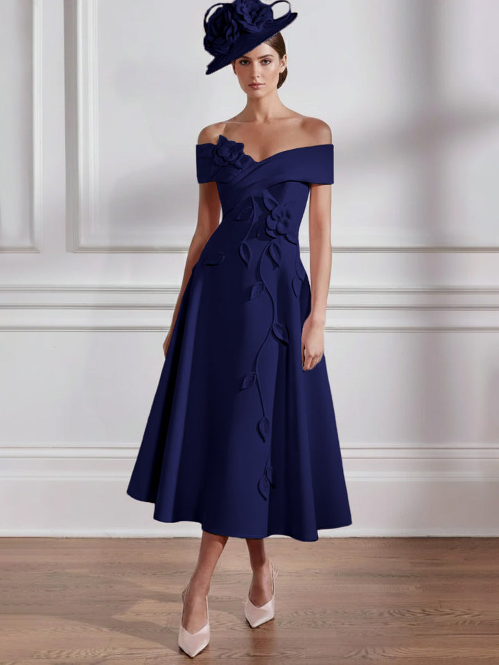 Robe Mère de la Mariée, Ligne A, Hors de l'épaule, Longueur Midi à Fleurs 3D, Sans Manches