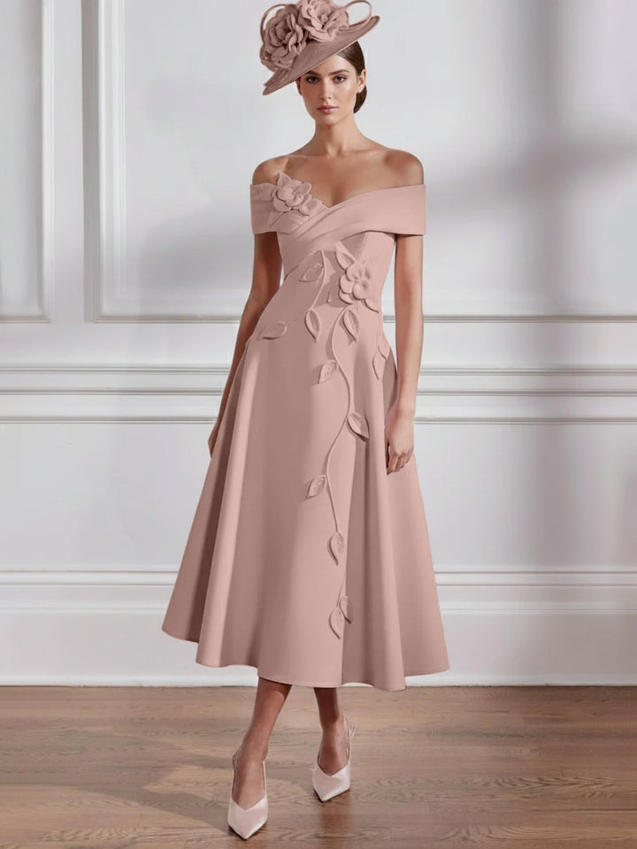 Robe Mère de la Mariée, Ligne A, Hors de l'épaule, Longueur Midi à Fleurs 3D, Sans Manches