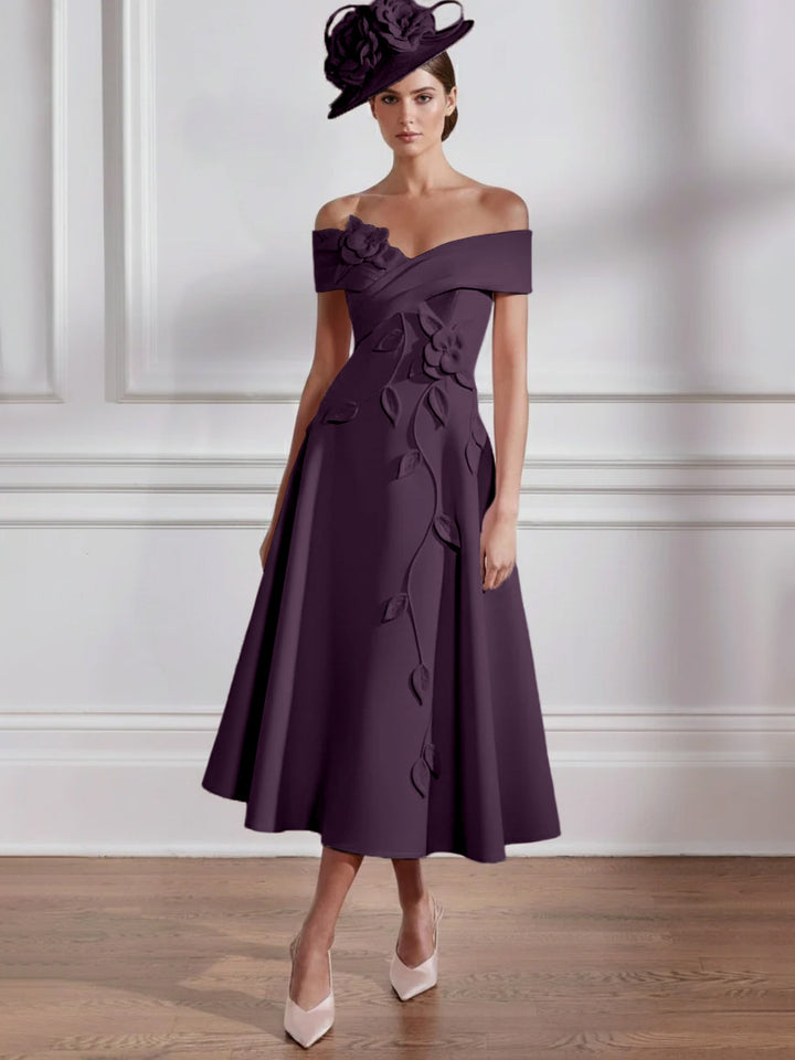 Robe Mère de la Mariée, Ligne A, Hors de l'épaule, Longueur Midi à Fleurs 3D, Sans Manches