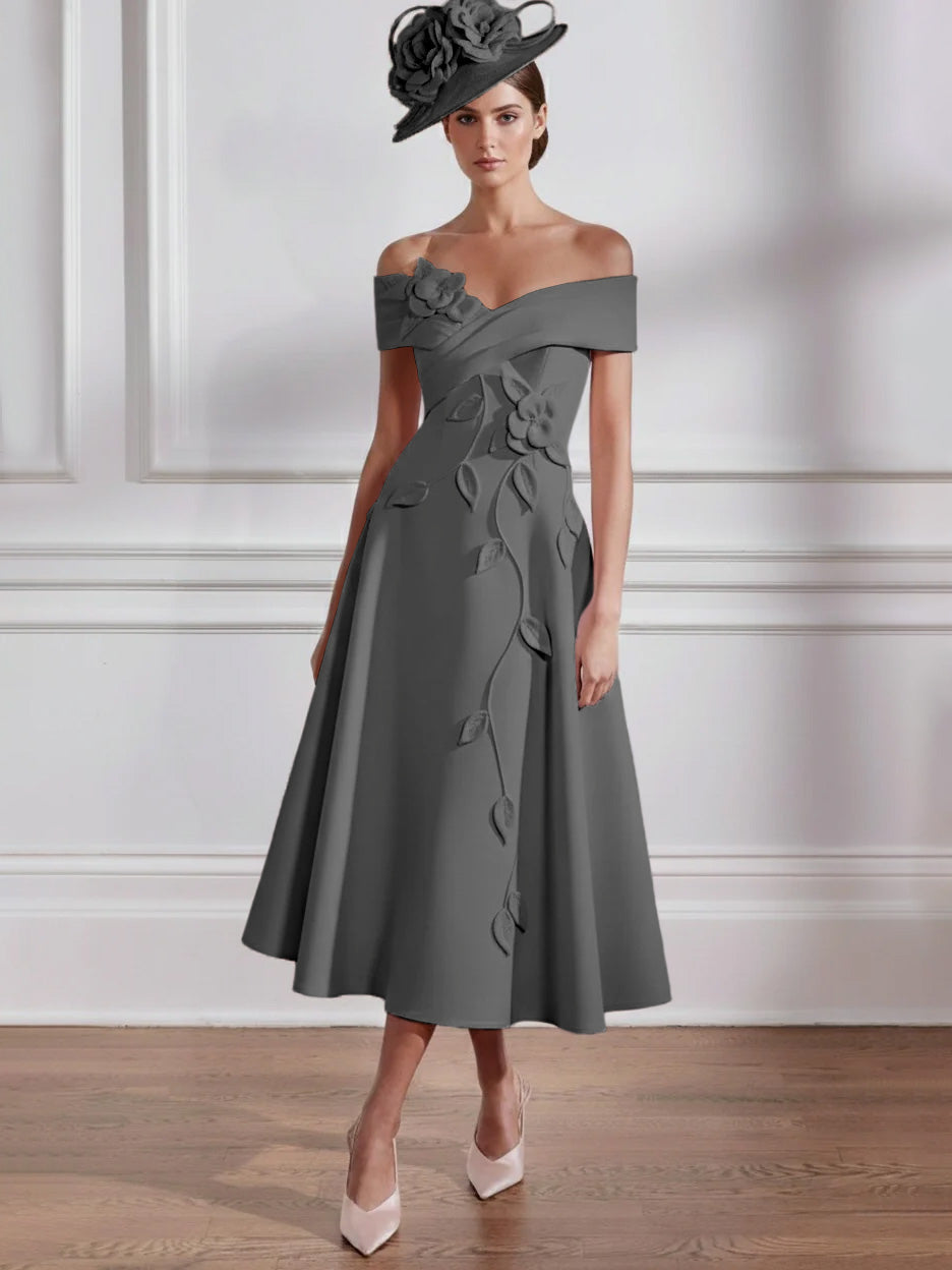 Robe Mère de la Mariée, Ligne A, Hors de l'épaule, Longueur Midi à Fleurs 3D, Sans Manches
