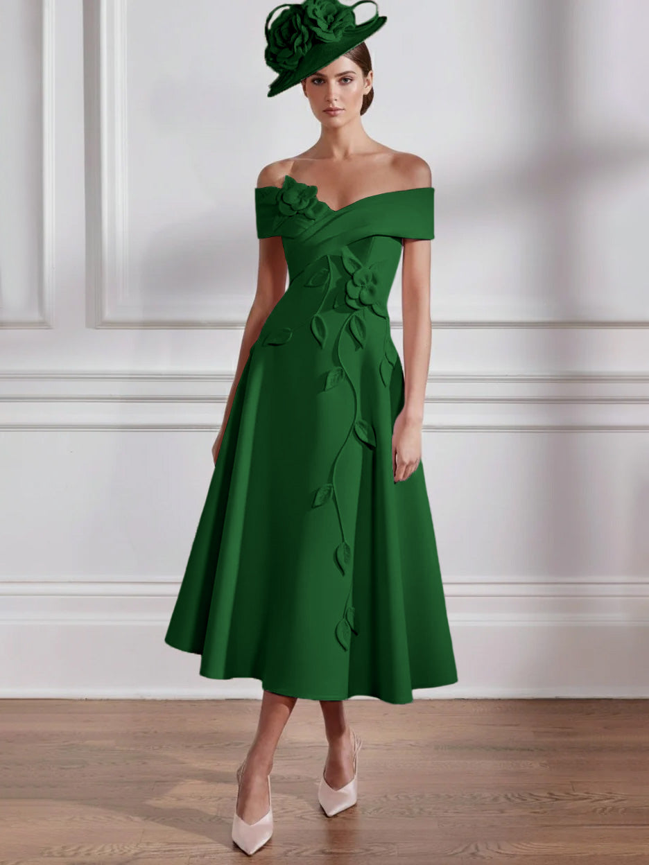 Robe Mère de la Mariée, Ligne A, Hors de l'épaule, Longueur Midi à Fleurs 3D, Sans Manches