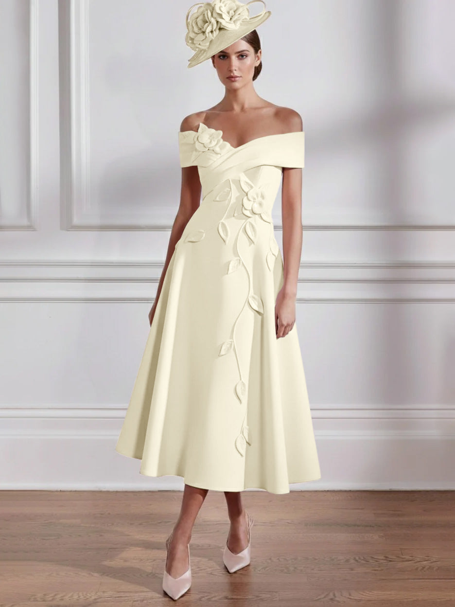 Robe Mère de la Mariée, Ligne A, Hors de l'épaule, Longueur Midi à Fleurs 3D, Sans Manches