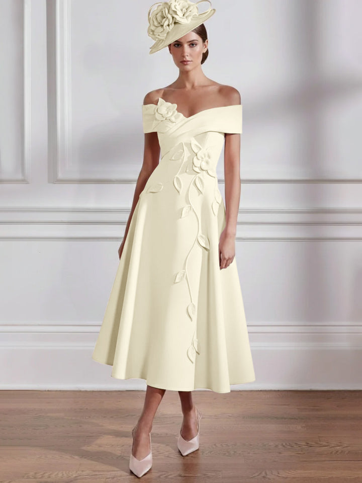 Robe Mère de la Mariée, Ligne A, Hors de l'épaule, Longueur Midi à Fleurs 3D, Sans Manches