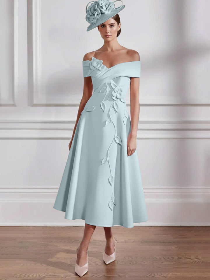 Robe Mère de la Mariée, Ligne A, Hors de l'épaule, Longueur Midi à Fleurs 3D, Sans Manches