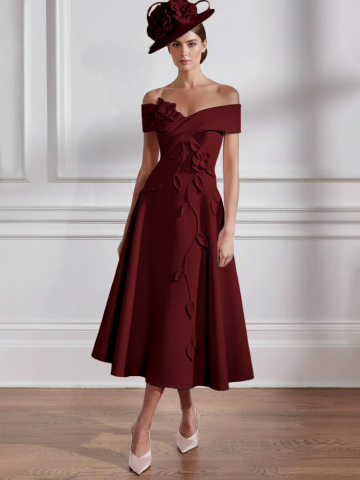 Robe Mère de la Mariée, Ligne A, Hors de l'épaule, Longueur Midi à Fleurs 3D, Sans Manches