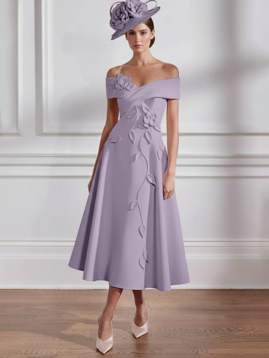 Robe Mère de la Mariée, Ligne A, Hors de l'épaule, Longueur Midi à Fleurs 3D, Sans Manches