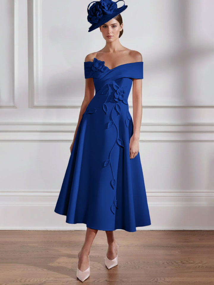 Robe Mère de la Mariée, Ligne A, Hors de l'épaule, Longueur Midi à Fleurs 3D, Sans Manches