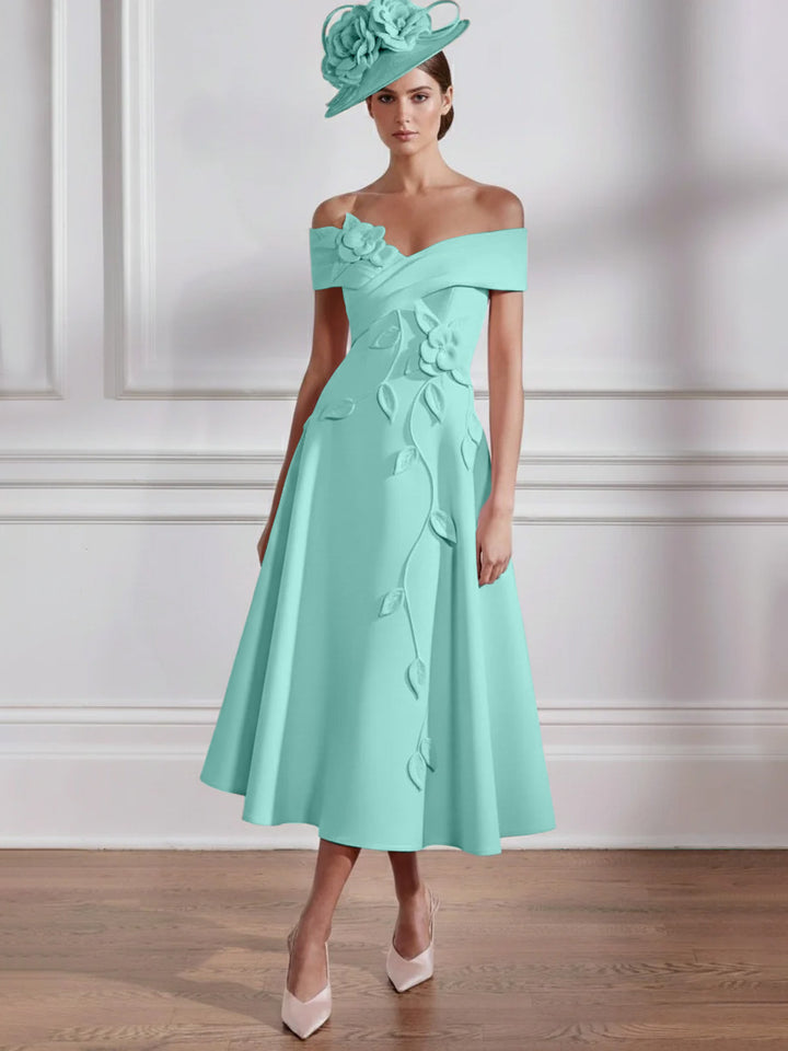 Robe Mère de la Mariée, Ligne A, Hors de l'épaule, Longueur Midi à Fleurs 3D, Sans Manches