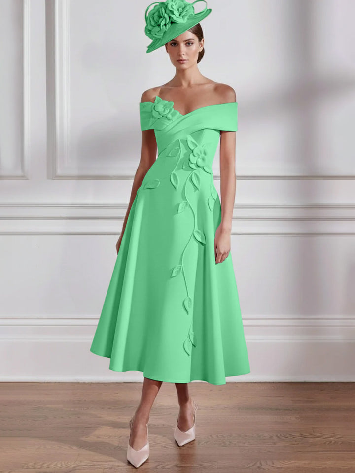 Robe Mère de la Mariée, Ligne A, Hors de l'épaule, Longueur Midi à Fleurs 3D, Sans Manches