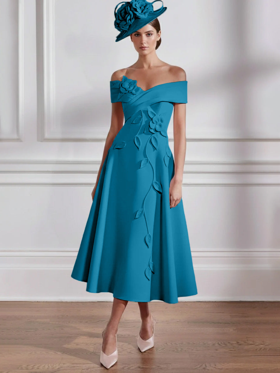 Robe Mère de la Mariée, Ligne A, Hors de l'épaule, Longueur Midi à Fleurs 3D, Sans Manches