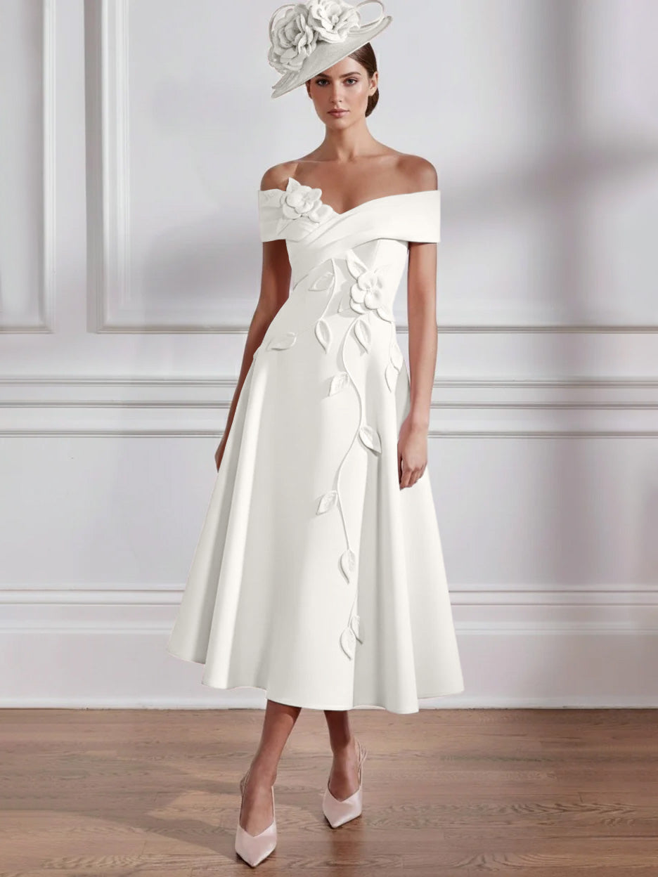 Robe Mère de la Mariée, Ligne A, Hors de l'épaule, Longueur Midi à Fleurs 3D, Sans Manches