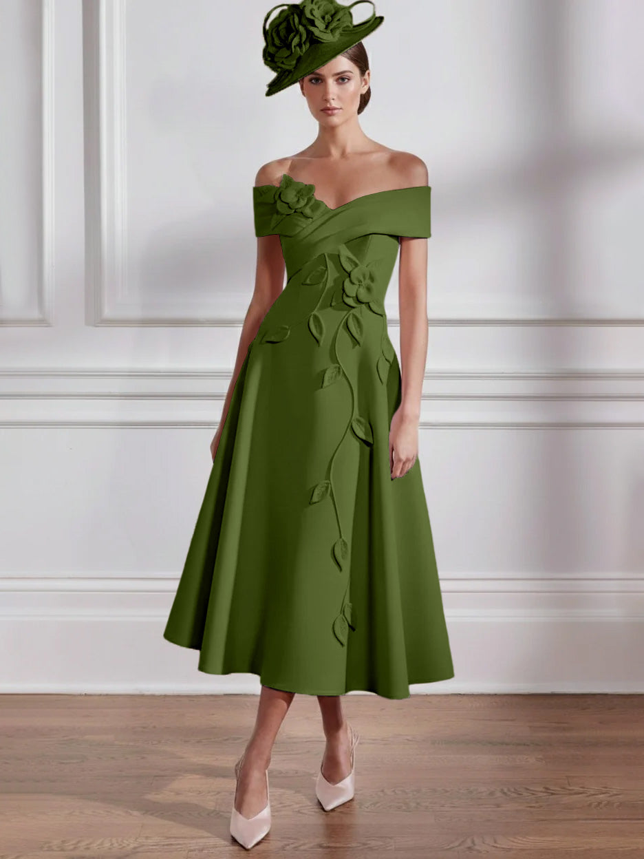 Robe Mère de la Mariée, Ligne A, Hors de l'épaule, Longueur Midi à Fleurs 3D, Sans Manches