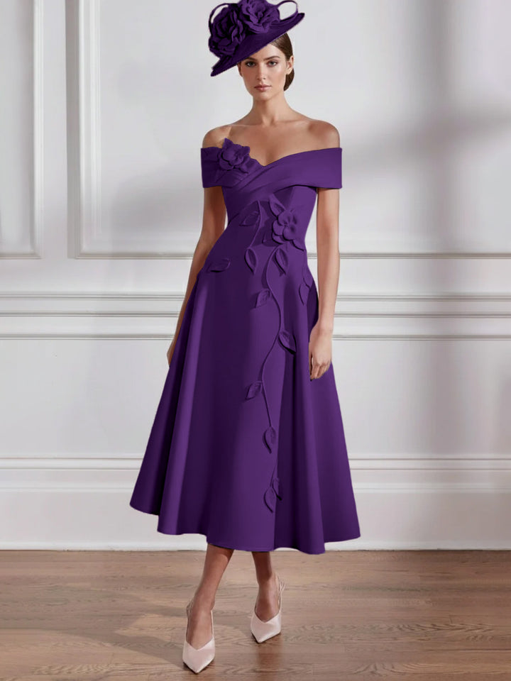 Robe Mère de la Mariée, Ligne A, Hors de l'épaule, Longueur Midi à Fleurs 3D, Sans Manches