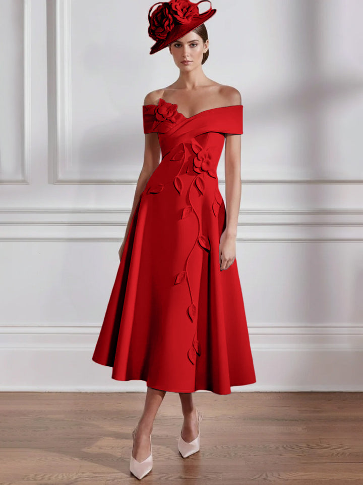Robe Mère de la Mariée, Ligne A, Hors de l'épaule, Longueur Midi à Fleurs 3D, Sans Manches