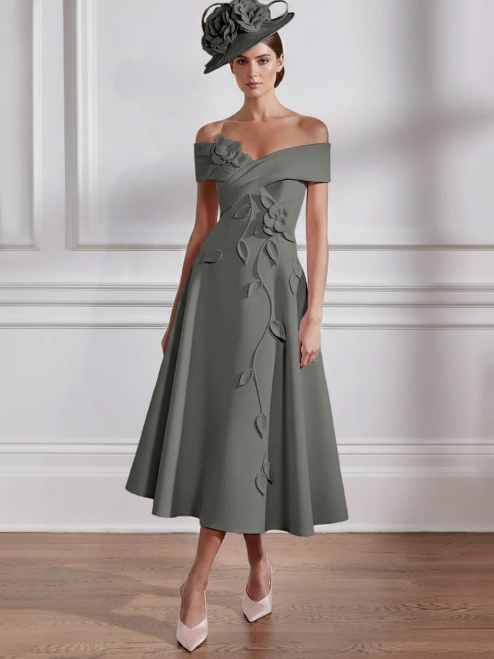 Robe Mère de la Mariée, Ligne A, Hors de l'épaule, Longueur Midi à Fleurs 3D, Sans Manches
