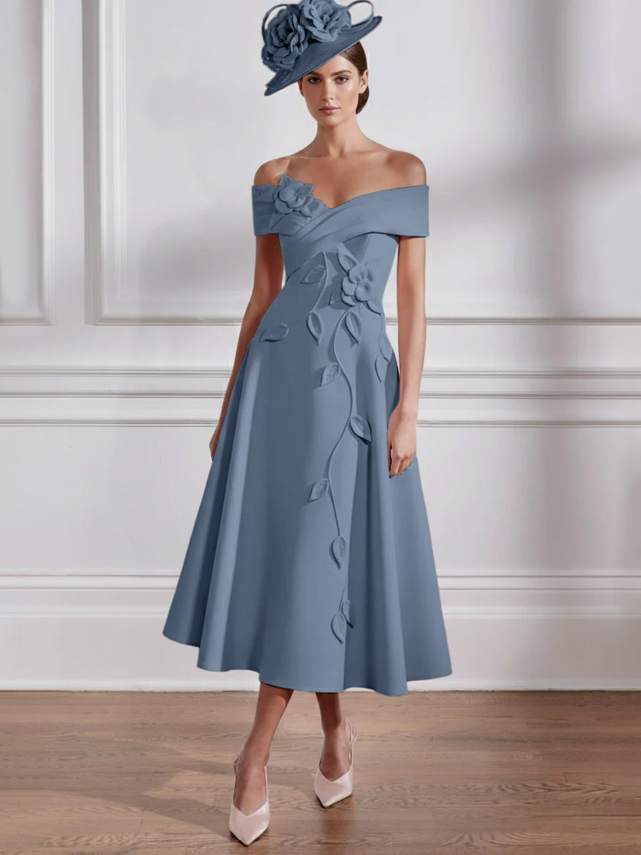 Robe Mère de la Mariée, Ligne A, Hors de l'épaule, Longueur Midi à Fleurs 3D, Sans Manches