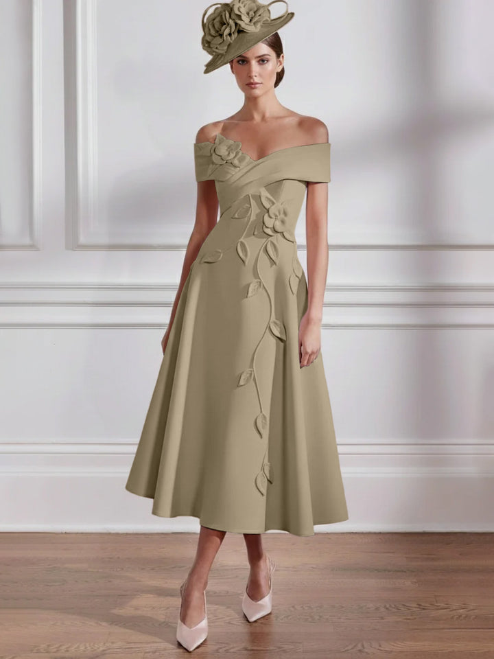 Robe Mère de la Mariée, Ligne A, Hors de l'épaule, Longueur Midi à Fleurs 3D, Sans Manches