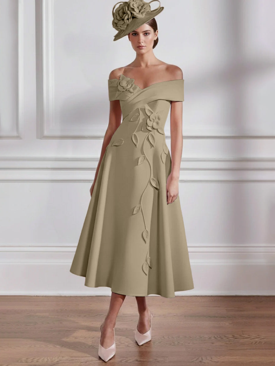 Robe Mère de la Mariée, Ligne A, Hors de l'épaule, Longueur Midi à Fleurs 3D, Sans Manches