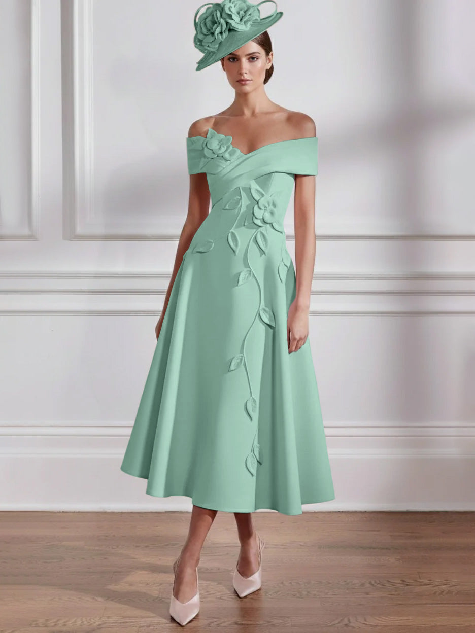 Robe Mère de la Mariée, Ligne A, Hors de l'épaule, Longueur Midi à Fleurs 3D, Sans Manches