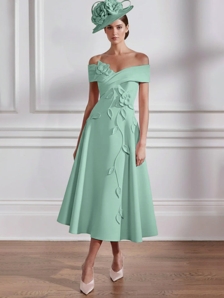 Robe Mère de la Mariée, Ligne A, Hors de l'épaule, Longueur Midi à Fleurs 3D, Sans Manches