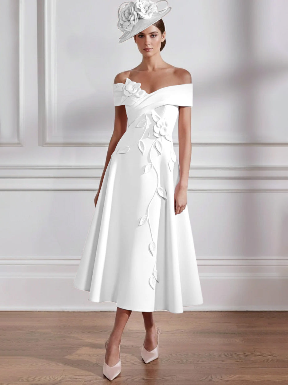 Robe Mère de la Mariée, Ligne A, Hors de l'épaule, Longueur Midi à Fleurs 3D, Sans Manches