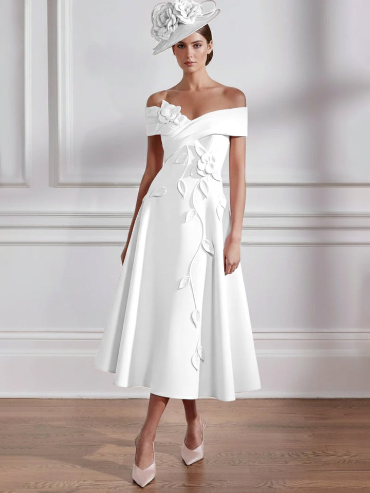 Robe Mère de la Mariée, Ligne A, Hors de l'épaule, Longueur Midi à Fleurs 3D, Sans Manches