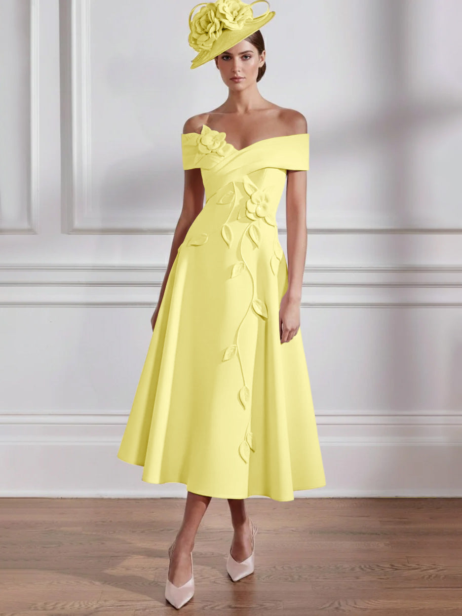 Robe Mère de la Mariée, Ligne A, Hors de l'épaule, Longueur Midi à Fleurs 3D, Sans Manches