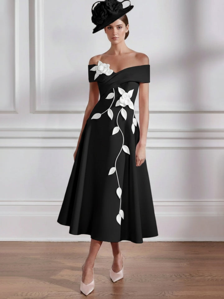 Robe Mère de la Mariée, Ligne A, Hors de l'épaule, Longueur Midi à Fleurs 3D, Sans Manches