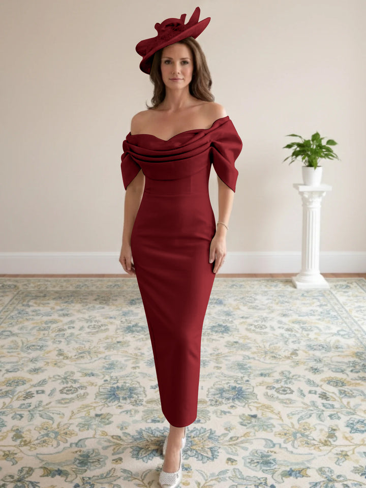 Robes de mère de la mariée coupe gaine/colonne avec manches 1/2, longueur cheville et décolleté off-the-shoulder