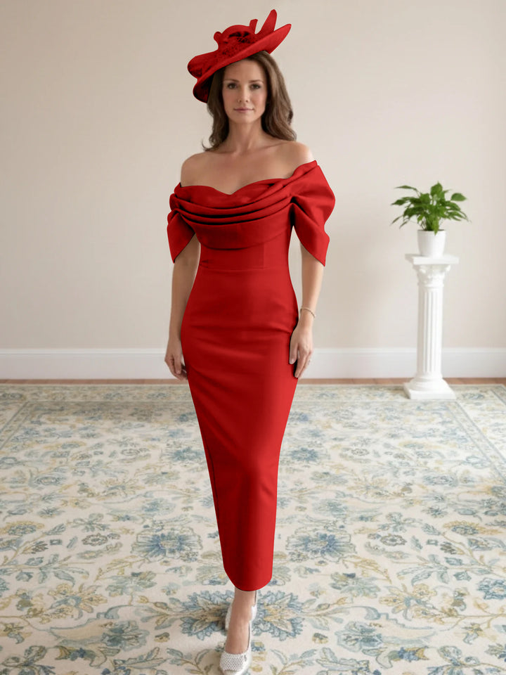 Robes de mère de la mariée coupe gaine/colonne avec manches 1/2, longueur cheville et décolleté off-the-shoulder