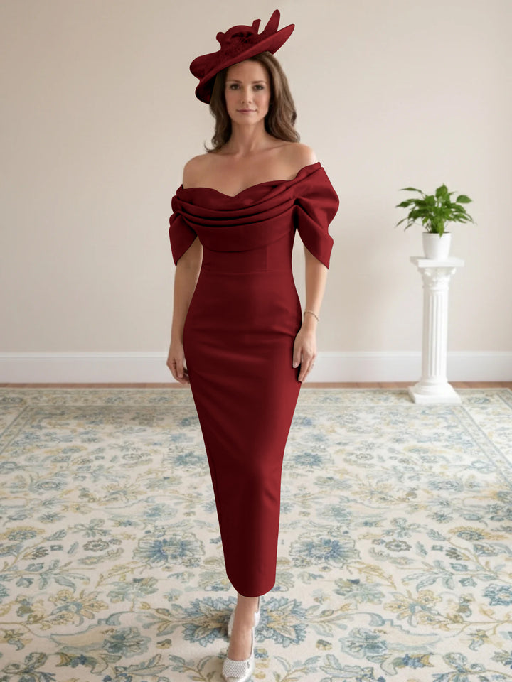 Robes de mère de la mariée coupe gaine/colonne avec manches 1/2, longueur cheville et décolleté off-the-shoulder