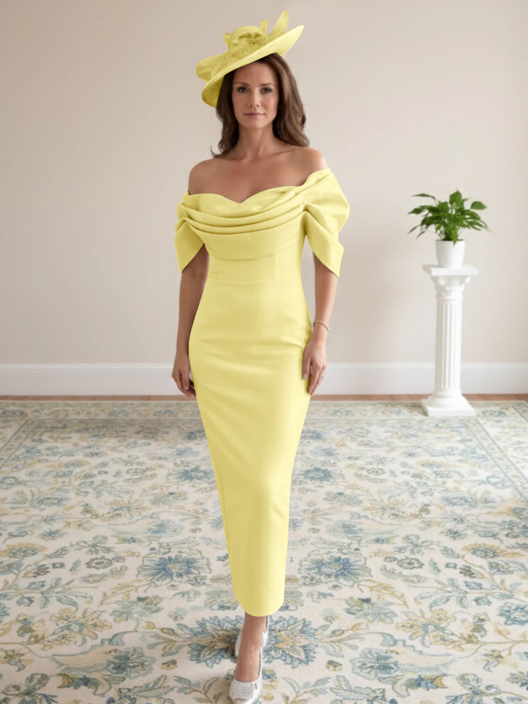 Robes de mère de la mariée coupe gaine/colonne avec manches 1/2, longueur cheville et décolleté off-the-shoulder