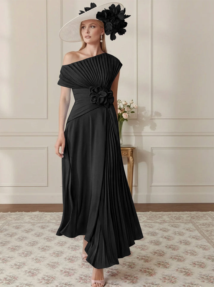 Robe Mère de la Mariée, Ligne A/Princesse, Hors de l'épaule, Crêpe Élastique, Manches Courtes, Plissé, Longueur de la Cheville