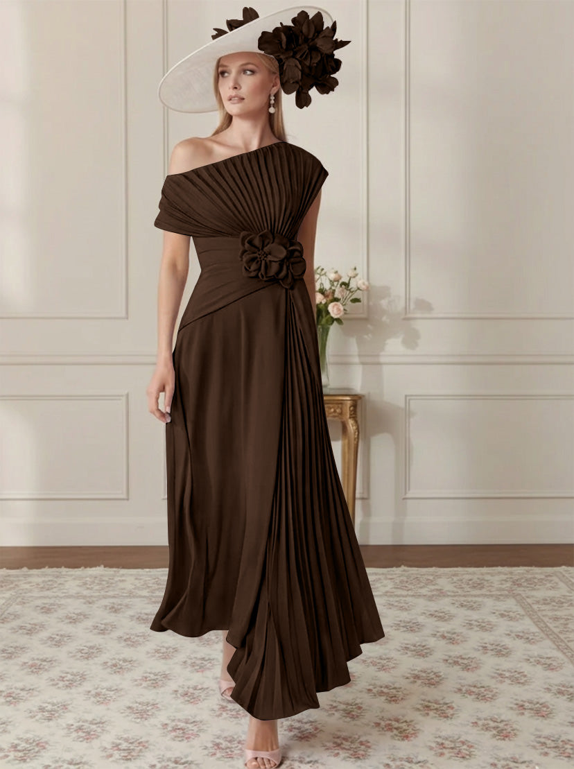 Robe Mère de la Mariée, Ligne A/Princesse, Hors de l'épaule, Crêpe Élastique, Manches Courtes, Plissé, Longueur de la Cheville