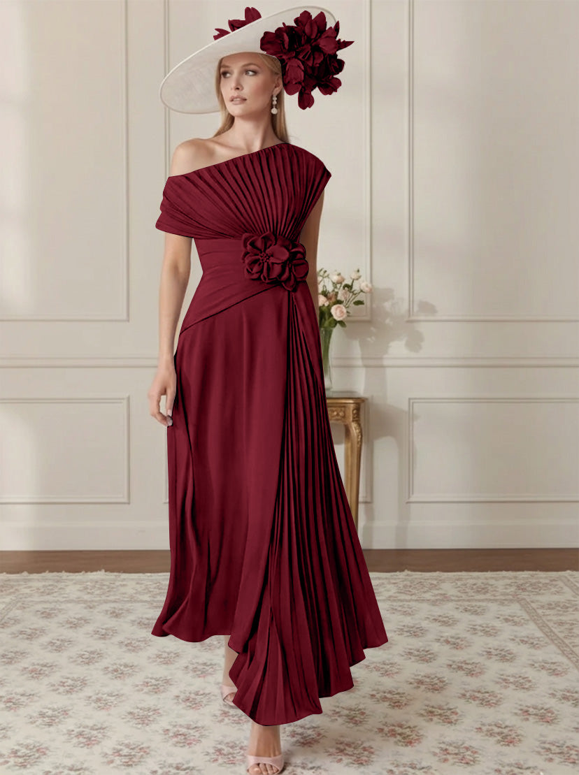 Robe Mère de la Mariée, Ligne A/Princesse, Hors de l'épaule, Crêpe Élastique, Manches Courtes, Plissé, Longueur de la Cheville